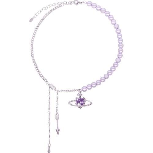 Trendy Purple Pearl Link Chain Love Heart Planet Pendant Necklace with Rhinestone Arrow Charm Delicate Necklace for Women Girls