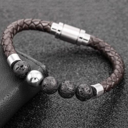 Men Brown Braided Leather Bracelets Natural Stone Bracelet White 316L Stainless Steel Embedded Magnetic Clasp Bangle Jewelry
