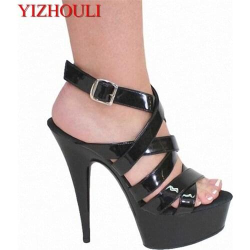 The new 2018 nightclub fashion high heels fine black patent leather sandals to dance in the even 15cm