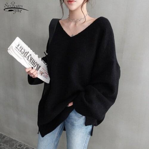 Autumn Winter 2021 Simple Bottom Knitwear Plus Size Loose V-neck Sweater Women Age-reducing Long-sleeve Sweater Solid Tops 16038