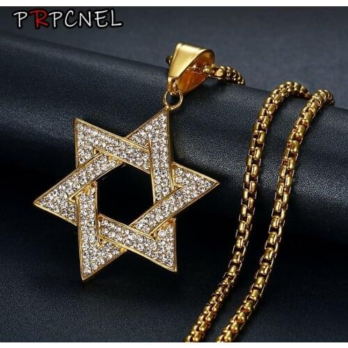Hip Hop Bling Iced Out Rhinestone Gold color 316L Stainless Steel Jewish Star of David Hexagram Pendant Necklace for Men Rapper