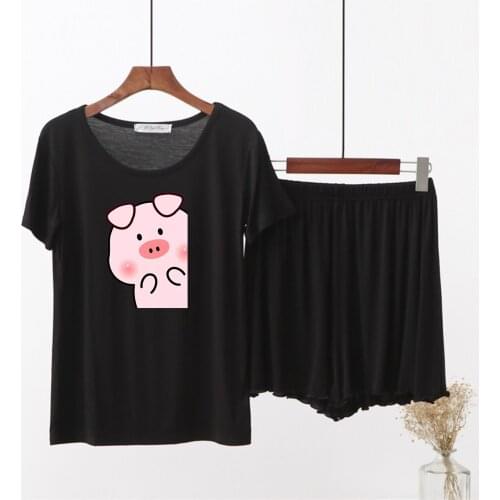 Modal Cotton Women Pajamas Cute Pink Piggy Cartoon Girl Sleepwear Loose Summer Women Short Sleeve Shorts 2 Pieces Set Homewear