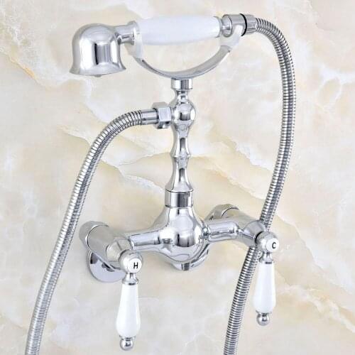 Polished Chrome Brass Adjusts From 3-3/8" Wall Mount Bathtub Faucet with Handheld Shower Set +1.5M Hose Mixer Tap 2qg424