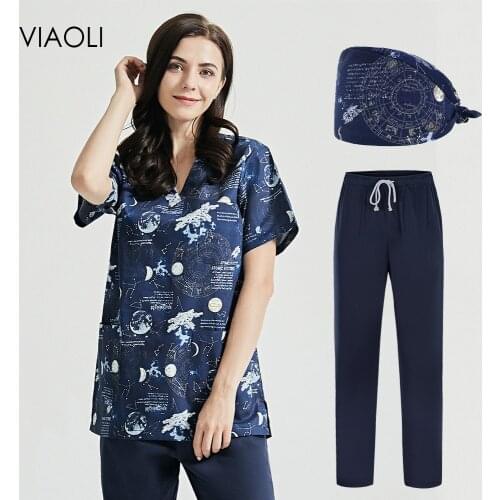 Starry sky printing Short Sleeved Lab Work Wear Nutritionist Shirt Health service Scrubs women Uniform Pet grooming Work Uniform