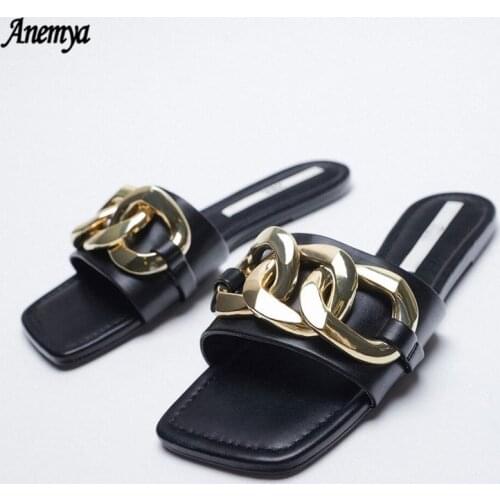 Slippers Women Summer Luxury Metal Chain Womens Sandals 2021 Square Toe Flat Outdoor Slides Adult Shoes Ladies Solid Flip Flops