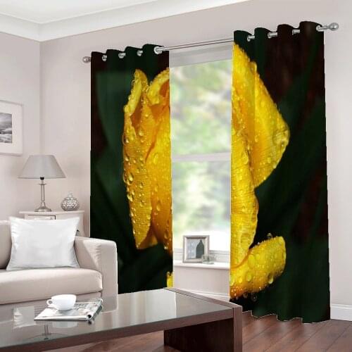 Custom- modern 3D Curtain Yellow Water droplets Lily Flower For Living room bedroom Sunshade Blackout Drapes Decor Sets