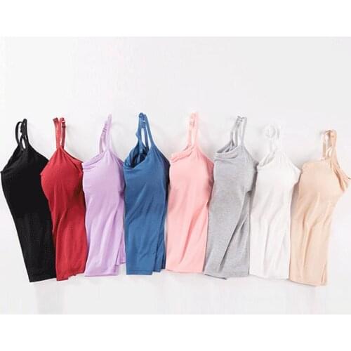Long Cami With Built in Shelf Bra Adjustable Strap Women Layering Basic Tanks Top Solid Cotton Chest Pad Summer Cami T-Shirt