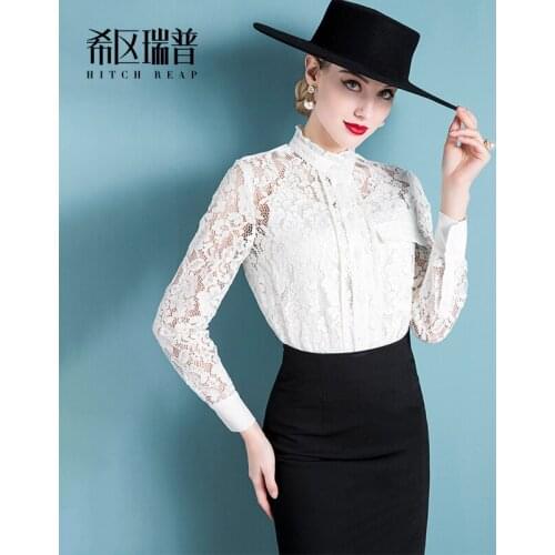 High End Temperament Celebrity Lace Shirt Top 2021 Spring New Fashion Stand Collar White Shirt Female