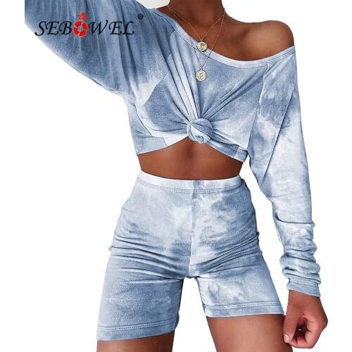 SEBOWEL Woman Summer Casual Tie-dye Home Style Clothes 2020 Female Lady Long Sleeve Cropped Top + Shorts Bottom Two Piece Sets
