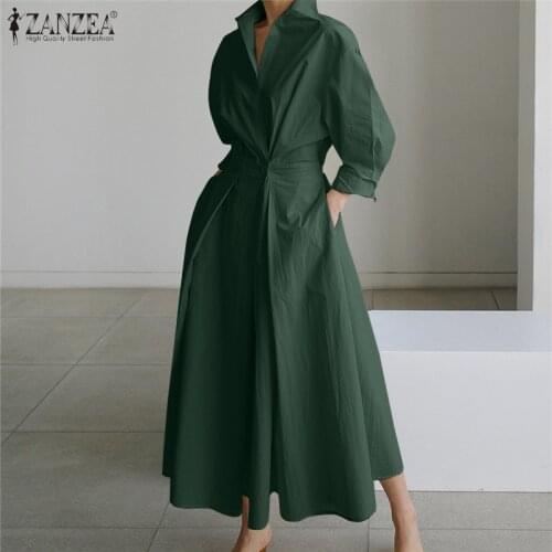 ZANZEA Femme Elastic Waist Vestido Full Sleeve Pockets Dress High Waist Casual Robe Long Dresses Female Clothing Saias Longas