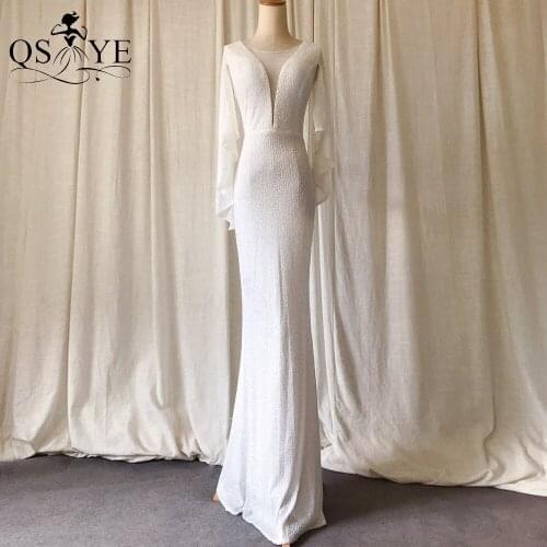White Evening Dresses Mermaid Short Sleeves Sexy V Neck Prom Gown Elegant Glitter Bat Sleeves Formal Party Dress Women BrideGown