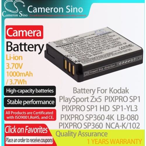 CameronSino Battery for Kodak PlaySport Zx5 PIXPRO SP1 PIXPRO SP1 HD SP1-YL3 PIXPRO SP360 fits Pentax D-LI106 camera battery