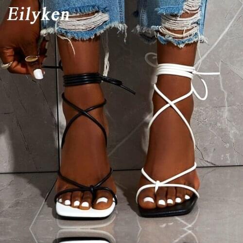 Eilyken New Popular Fashion Mixed Color Sandals Women Clip Toe Narrow Band Stiletto Heels Square Toe Ankle Lace-Up Ladies Shoes