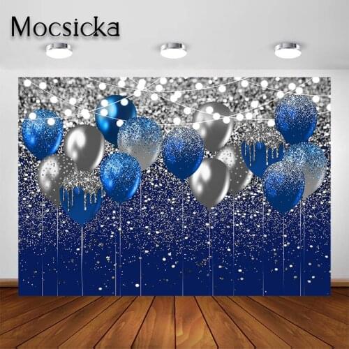 Mocsicka Royal Blue and Silver Backdrop for Birthday Wedding Graduation Photography Background Glitter Silver Blue Balloon Party