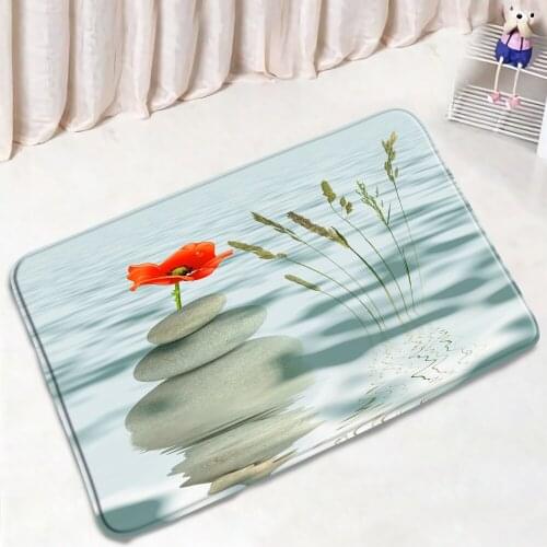 Zen Stone Bathroom Mat Flower Plant Green Bamboo Scenery Pattern Non-Slip Rugs Flannel Bath Kitchen Doorway Carpet Home Decor