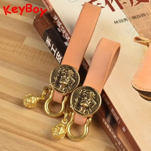 Handmade Leather Keychain Pure Brass Jesus Head Sculpture Buckle Keyring Pendant Retro Car Locomotive Key Chain EDC Pocket Tools