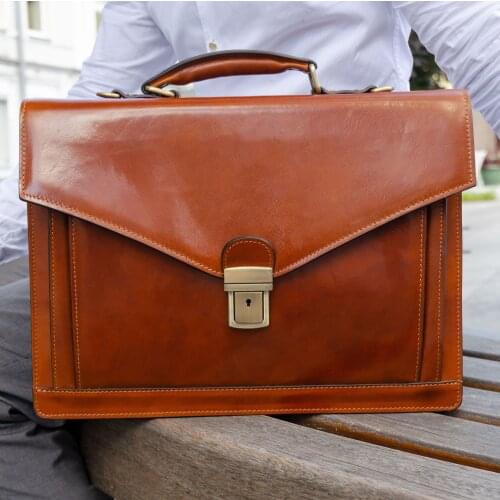 Leather Briefcase for Men, Handmade Italian Laptop Bag, Brown Attache Case - Time Resistance