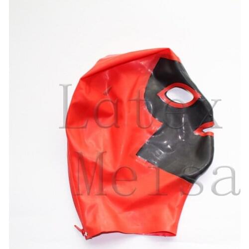 Handmade Fetish latex hoods open eyes and mouth in red and black colors for adults