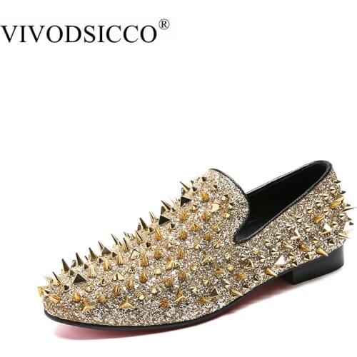 VIVODSICCO Men Trendsetter Glitter Sequins Rivet Trendy Casual Thick Bottom Shoes Male Walking Dress Prom Moccasins Loafers