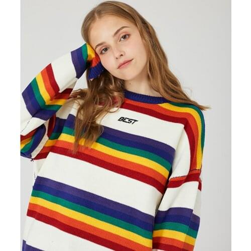 2021 New Harajuku Retro Rainbow Knitted Striped Sweater Mens Hip Hop Sweater Streetwear Men Fashion Autumn Sweater Cotton