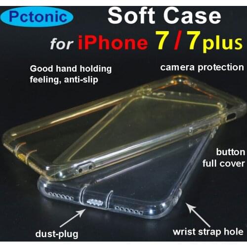 PCTONIC Soft Transparent case for iphone 7 plus Clear golden TPU back cover protection anti-drop with dust plug hand string hole