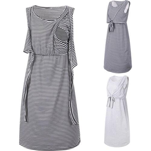 Nursing Clothes Summer Pregnant Women Clothes Sleeveless Maternity Breastfeeding Casual Striped Dress Camison Mujer Verano