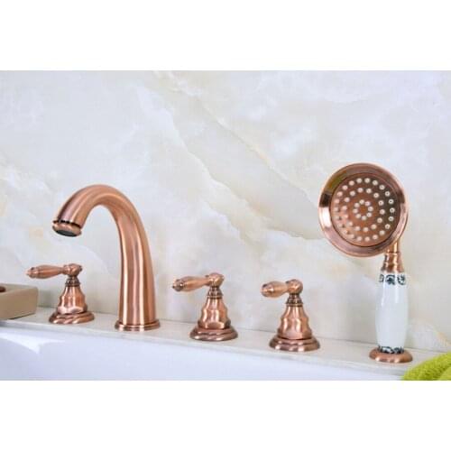 Antique Red Copper Brass Deck 5 Holes Bathtub Mixer Faucet Handheld Shower Widespread Bathroom Faucet Set Basin Water Tap atf236