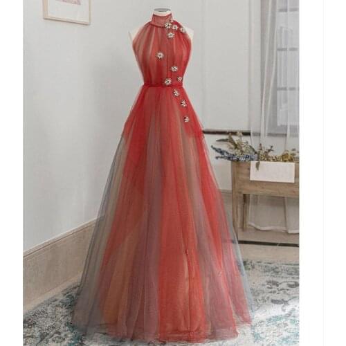 Evening Dress 2021 Charming High Neck Hand Made Flowers Floor Length Tulle Sleeveless Women Party Gown Colorful Prom Graceful