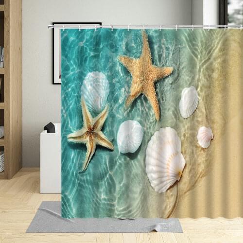 Seaside Beach Nature Scenery Bathroom Curtains Blue Sky Starfish Waves Spindrift Print Shower Curtain Waterproof For Home Decor