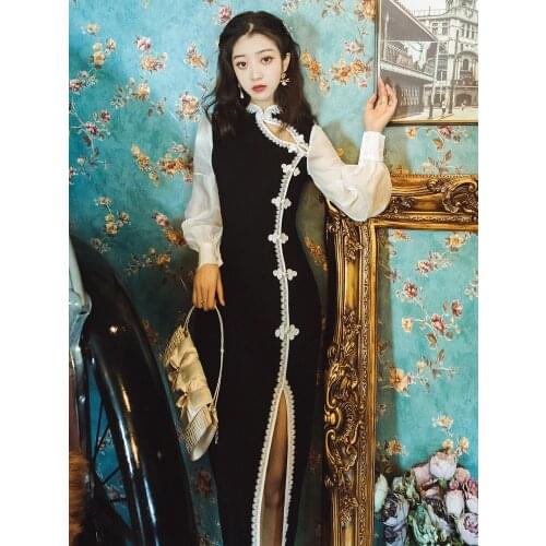 Chinese Dress Woman Black White Qipao Puff Sleeve Long Sleeve Cheongsam 2021 Long Cheongsam Dress Traditional Retro Qipao Dress