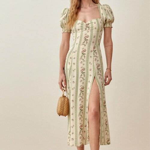 Leopard or Floral Print Women Split Midi Dress 2021 New Summer Puff Sleeve Square Collar Ladies Slim Waist Holiday Long Robe