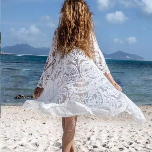 Long Sleeve White Beach Dress Embroidery Lace Women Sexy Kimono Swimsuit Bikini Cover Ups Summer Ladies Beach Wear Kaftan