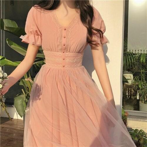 2021 Summer Mesh Dress Women Puff Sleeve V-neck A-line Slim Korean Style Mesh Retro DressElegant Vintage Vestidos Female News