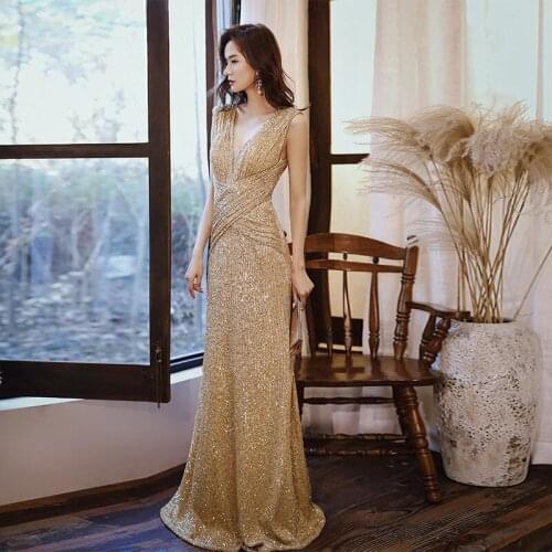 Gold Women Sexy Queen Banquet Dresses Exquisite Sequins Mermaid Evening Party Dress Tassel Floor Length Qipao Robe De Soiree