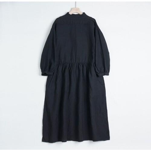2020 Spring Summer Wind Cotton Linen Dress Loose Thin Stand-Up Collar 7-Point Lantern Sleeve Black Buttoned Dress Women