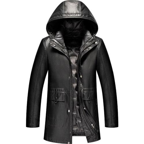 2068 Thick Leather Coat Mid-Length Fur Coat Haining Sheepskin Hooded Coat Young and Middle-aged Mens Leather down Jacket