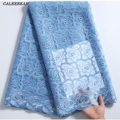 5Yards Sky Blue French Tulle African Lace Fabric With Stones High Quality Nigerian Dress Sewing Embroidery Lace Fabric S2274
