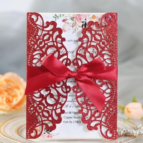50xElegant Glittery Personalized Print Wedding Cards with Ribbon DIY Red Gold Silver Champagne Flower Birthday Party Invitations