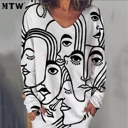 5XL Plus Size Women Abstract Print Blouse Shirt 2020 Casual Loose White Shirts Vintage V-Neck Long Sleeve Pullover Tops
