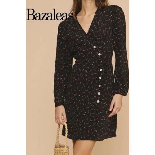 Bazaleas France 2021 Red Floral Print Black Vestidos Retro Long Sleeve Side Buttons Dresses Slim Vintage Wrap Women Dress