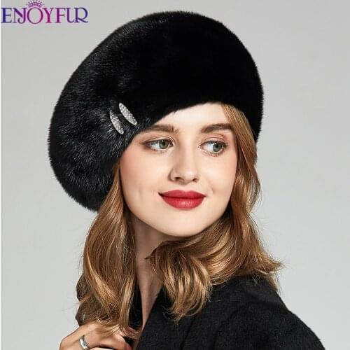 ENJOYFUR Natural Mink Fur Women Hats For Winter Fashion Real Fur Berets With Rhinestone Decoration Warm Female Fur Caps