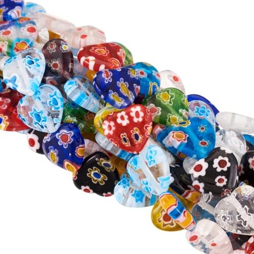 PandaHall Handmade Millefiori Glass Heart Bead Strands, Mixed Color, 12x12x5mm, Hole: 1mm, about 33pcs/strand, 13.7"