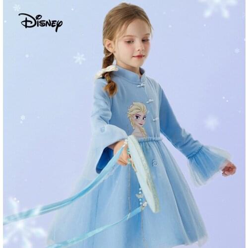 Disney Children Girls Dress Long Sleeved Dress Chinese Style Spring Autumn Elsa Dress Fairy Yarn Skirt Cotton Skirt Ventilation