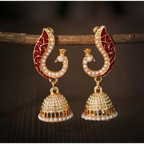 Ethnic Womens Peacock Indian Jewelry Gypsy Vintage Tribe Imitation Pearls Tassel Jhumka Earrings Fashion Jewelry