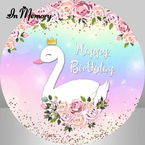 Pink Flowers Glitter Swan Round Backdrop Cover Girls Newborn Baby Shower 1st Birthday Party Photography Background Photo Studio