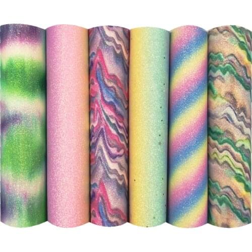6pcs Floral Print Sparkly Rainbow Fine Glitter Floral Print Leather Fabric Vinyl Faux For Earring Bow Craft DIY Material 20*15cm