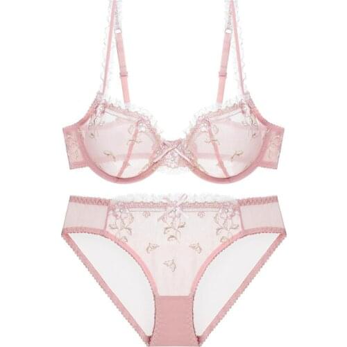 HONVIEY Lingerie Set Embroidery Lotus Pink Ultra-thin Push up Bra Set Womens Sexy BowLace Underwear Bralette Free Shipping