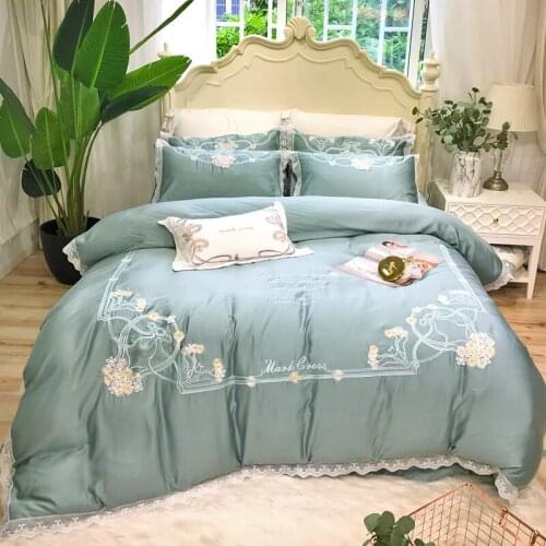Luxury Blue Tencel Egyptian cotton Embroidery Bedding sets Queen King Tribute Silk Duvet cover Bed sheet set Pillowcases 4/6pcs