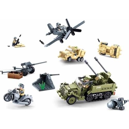 SLUBAN WW2 Military Tank Fighter Car Building Blocks Set Militar MOC Bricks Classic Model Kit Soldiers Figures Kids Toys Boys