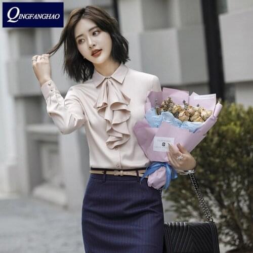 Korean blouse lotus leaf bow tie business single-breasted anti-bare shirt women sales clothing